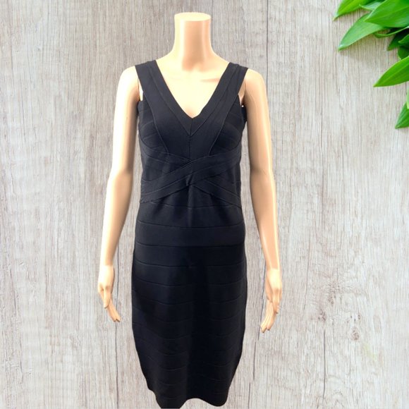 VENUS -- Bandage Dress, Black, Shoulder Straps, Zip Back, Knee Length, Stretchy - Picture 2 of 16